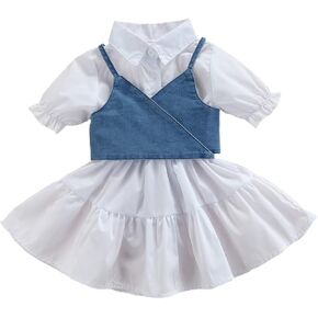 Kids Toddler Baby Girl Summer Outfit Short Sleeve T-Shirt Dress Tunic Tops with Denim Vest Corset 2pcs Clothes Set