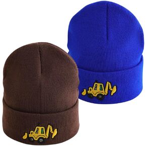 2 Pcs Embroidery Excavator Toddler Boys Winter Hats Cute Digger Knit Warm Beanie Cap for Boys Girls Age 3-10