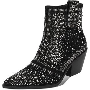 ISNOM Rhinestone Cowboy Boots Sparkly Ankle Boots with Pointed Toe and Chunky Heel Design