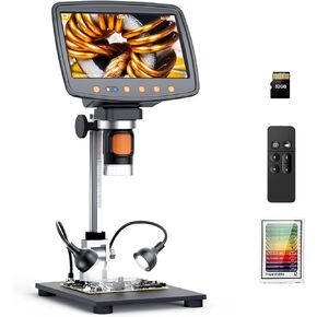 7'' Digital Microscope 1500X, HDMI LCD Microscope 8.5‘’ Longer Stand, Coin Microscope for Adults with 12MP Ultra-Precise Camera Sensor, Compatible with TV/Windows/Mac, 32GB TF Card, 12 Slides