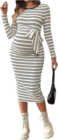 MakeMeChic Women's Maternity Striped Knit Long Sleeve Belted Bodycon Midi Dresses in Saudi Arabia
