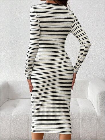 MakeMeChic Women's Maternity Striped Knit Long Sleeve Belted Bodycon Midi Dresses in Saudi Arabia