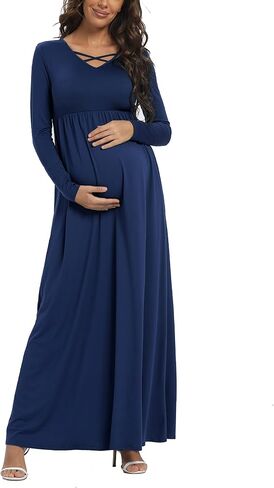 Long Sleeve Maternity Dress, Maxi Maternity Dress with Belt for Baby Shower Photoshoot in Saudi Arabia