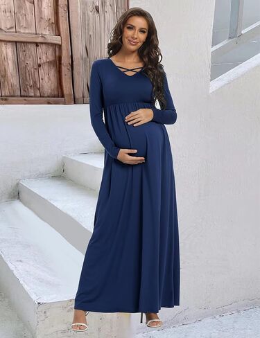 Long Sleeve Maternity Dress, Maxi Maternity Dress with Belt for Baby Shower Photoshoot in Saudi Arabia