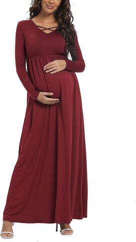 Long Sleeve Maternity Dress, Maxi Maternity Dress with Belt for Baby Shower Photoshoot in Saudi Arabia