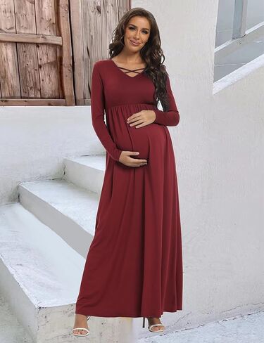 Long Sleeve Maternity Dress, Maxi Maternity Dress with Belt for Baby Shower Photoshoot in Saudi Arabia