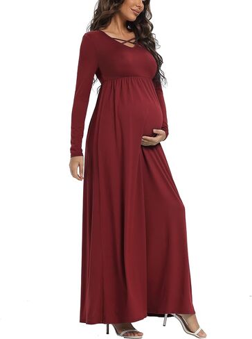 Long Sleeve Maternity Dress, Maxi Maternity Dress with Belt for Baby Shower Photoshoot in Saudi Arabia