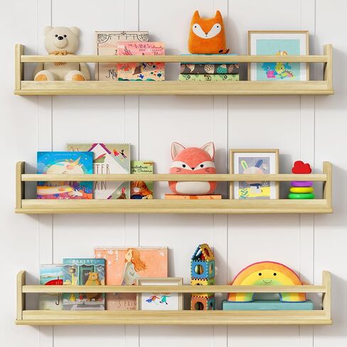 Wooden Wall Bookshelf for Kids Room, Natural Wood Floating Nursery Book Shelves for Baby Toddler Child Bedroom, Cute Wall Mount Bookshelves for Teen Girls Boys Closet Classroom Library in Saudi Arabia