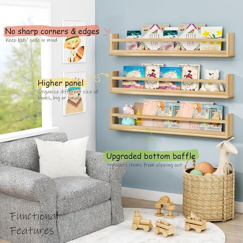Wooden Wall Bookshelf for Kids Room, Natural Wood Floating Nursery Book Shelves for Baby Toddler Child Bedroom, Cute Wall Mount Bookshelves for Teen Girls Boys Closet Classroom Library in Saudi Arabia