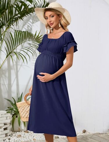 فستان حمل نسائي من KOJOOIN بدون أكتاف وأكمام قصيرة فستان صيفي غير رسمي مكشكش ميدي ميدي لالتقاط الصور لاستحمام الطفل in Saudi Arabia