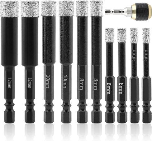 مجموعة لقم الثقب الماسي، 11 قطعة منشار ثقب الماس السداسي 1/5، 1/4، 5/16، 3/8، 1/2 بوصة مع حامل لقم الثقب سريع الفك لبلاط البورسلين والرخام والجرانيت (أسود، الحجم: متعدد الأبعاد) in Kuwait
