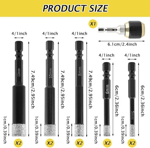مجموعة لقم الثقب الماسي، 11 قطعة منشار ثقب الماس السداسي 1/5، 1/4، 5/16، 3/8، 1/2 بوصة مع حامل لقم الثقب سريع الفك لبلاط البورسلين والرخام والجرانيت (أسود، الحجم: متعدد الأبعاد) in Kuwait