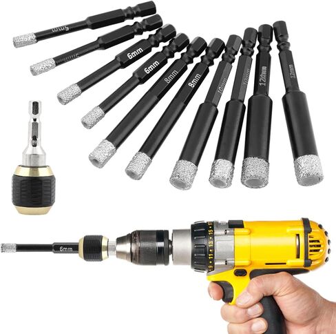 مجموعة لقم الثقب الماسي، 11 قطعة منشار ثقب الماس السداسي 1/5، 1/4، 5/16، 3/8، 1/2 بوصة مع حامل لقم الثقب سريع الفك لبلاط البورسلين والرخام والجرانيت (أسود، الحجم: متعدد الأبعاد) in Kuwait