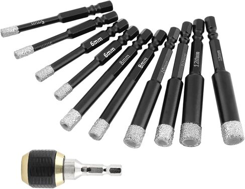 مجموعة لقم الثقب الماسي، 11 قطعة منشار ثقب الماس السداسي 1/5، 1/4، 5/16، 3/8، 1/2 بوصة مع حامل لقم الثقب سريع الفك لبلاط البورسلين والرخام والجرانيت (أسود، الحجم: متعدد الأبعاد) in Kuwait