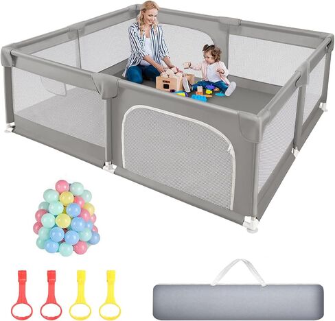 Sour Lemon Baby Playpen 79x71 inch Extra Large Playpen for Babies and Toddlers, Baby Fence Play Pen Yard with Safety Gate Fence with 50 Ocean Balls 4 Pull Rings for Kids Indoor Outdoor in Saudi Arabia