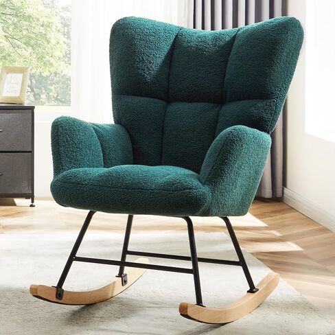 DUMOS Rocking Chair, Soft Glider, Ergonomic Modern Accent Reading Recliner, Teddy Fabric with Armrest & Wide Backrest for Nursery, Living Room, Bedroom, Balcony, Green in Saudi Arabia
