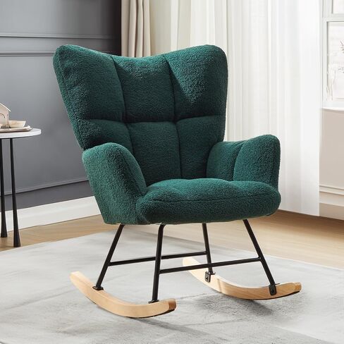 DUMOS Rocking Chair, Soft Glider, Ergonomic Modern Accent Reading Recliner, Teddy Fabric with Armrest & Wide Backrest for Nursery, Living Room, Bedroom, Balcony, Green in Saudi Arabia