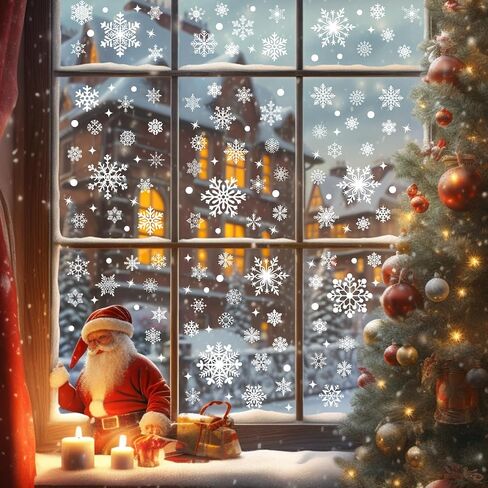 286 PCS Christmas Snowflake Window Clings Stickers for Glass, 10 Sheet Large Double-Sided Xmas Decals Decorations Holiday Snowflake Santa Claus Decals for Party in Saudi Arabia