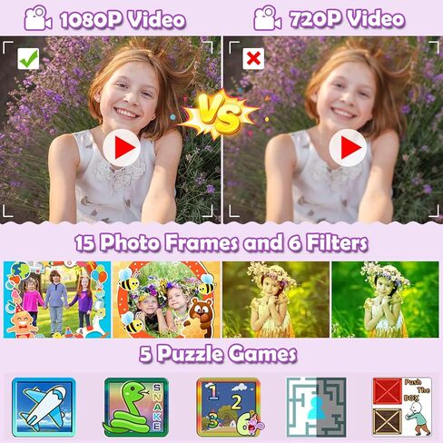 كاميرا GKTZ للأطفال، كاميرا رقمية مقاومة للماء بدقة 1080 بكسل عالية الدقة للأطفال، كاميرا خارجية للرياضة تحت الماء مع بطاقة SD 32 جيجابايت، ألعاب هدايا عيد ميلاد للأطفال لعمر 3 4 5 6 7 8 9 10 11 12 عامًا للأولاد والبنات in Kuwait