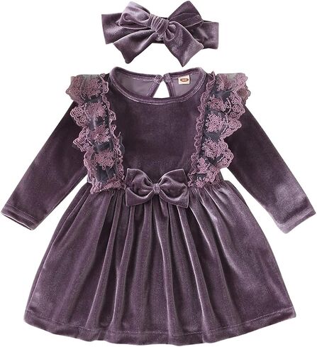 FYMNSI Toddler Velvet Dress for Baby Girls Fall Winter Dress Outfit Solid Long Sleeve Casual Princess Dress with Headband in Saudi Arabia