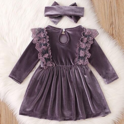 FYMNSI Toddler Velvet Dress for Baby Girls Fall Winter Dress Outfit Solid Long Sleeve Casual Princess Dress with Headband in Saudi Arabia