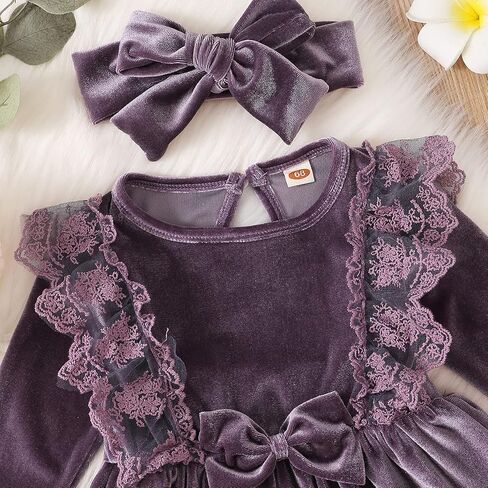 FYMNSI Toddler Velvet Dress for Baby Girls Fall Winter Dress Outfit Solid Long Sleeve Casual Princess Dress with Headband in Saudi Arabia