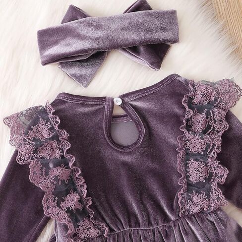 FYMNSI Toddler Velvet Dress for Baby Girls Fall Winter Dress Outfit Solid Long Sleeve Casual Princess Dress with Headband in Saudi Arabia