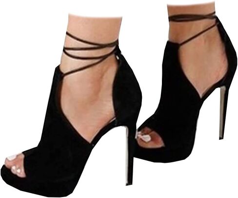 Womens Peep Toe Platform Heels Sexy Sandals Strappy Lace Up Tie Stilettos Dress Pumps Shoes in Kuwait