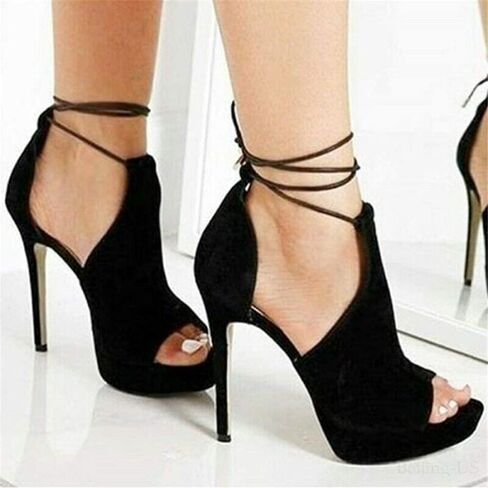 Womens Peep Toe Platform Heels Sexy Sandals Strappy Lace Up Tie Stilettos Dress Pumps Shoes in Kuwait
