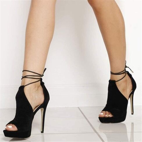 Womens Peep Toe Platform Heels Sexy Sandals Strappy Lace Up Tie Stilettos Dress Pumps Shoes in Kuwait