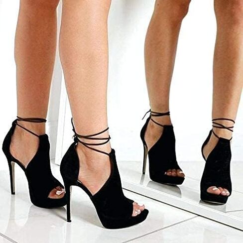 Womens Peep Toe Platform Heels Sexy Sandals Strappy Lace Up Tie Stilettos Dress Pumps Shoes in Kuwait