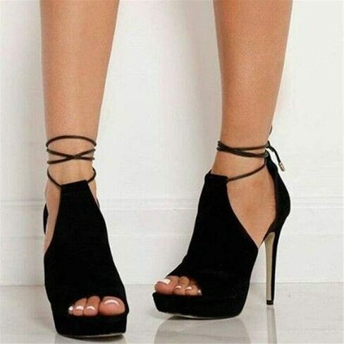 Womens Peep Toe Platform Heels Sexy Sandals Strappy Lace Up Tie Stilettos Dress Pumps Shoes in Kuwait