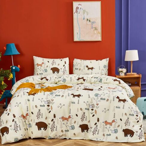 CLOTHKNOW Yellow Bear Queen Comforter Set 3Pcs Animal Bedding Comforter Sets Fox Woodland Forest Comforter Light Yellow Queen Size Comforter Sets Soft in Saudi Arabia