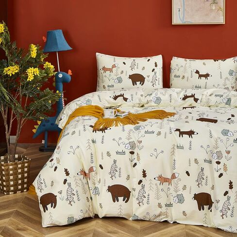 CLOTHKNOW Yellow Bear Queen Comforter Set 3Pcs Animal Bedding Comforter Sets Fox Woodland Forest Comforter Light Yellow Queen Size Comforter Sets Soft in Saudi Arabia