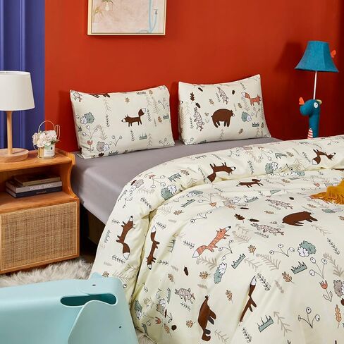 CLOTHKNOW Yellow Bear Queen Comforter Set 3Pcs Animal Bedding Comforter Sets Fox Woodland Forest Comforter Light Yellow Queen Size Comforter Sets Soft in Saudi Arabia