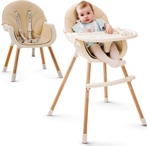 3-in-1 High Chair for Babies and Toddlers - Convertible Wooden Baby Highchair for Eating with Safety Belt, Foldable Baby Feeding Chair with 3-Position Removable Tray, Adjustable Legs (Beige) in Saudi Arabia