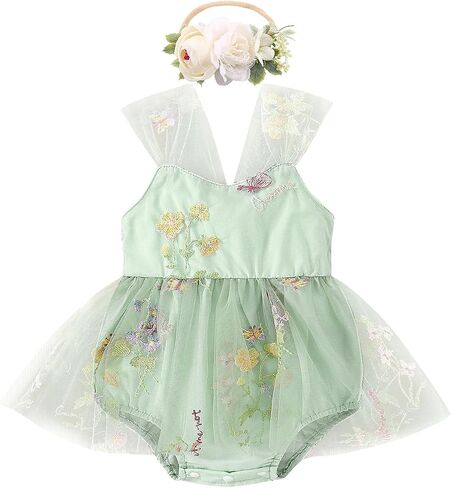 ODASDO Infant Baby Girl Tulle Romper Flower Embroidery Princess Bodysuit with Headband Birthday Party Cake Smash Outfit in Saudi Arabia