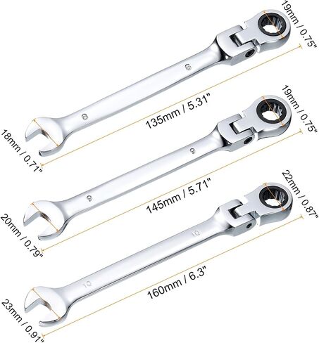 HARFINGTON 3pcs Flex-Head Ratcheting Wrench 8/9/10mm 180° Rotating Head Metric Ratchet Combination Wrenches 72-Teeth Chrome Vanadium Steel Open End Ratchet for Fasteners Nut Bolt in Saudi Arabia