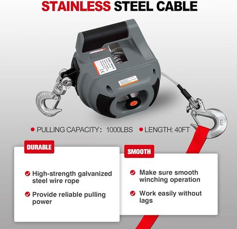 FITHOIST ونش الحفر المحمول 1000 رطل، ونش يعمل بالحفر مع حبل سلك فولاذي من سبائك 40 قدمًا، ونش تحذير يدوي للرفع والسحب والمناولة والمقطورة (أحمر) in Kuwait