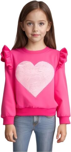 Girls Valentines Day Sweatshirt Toddler Kids Sequin Heart Long Sleeve T Shirt Ruffle Pullover Cotton Sweater Tops in Kuwait