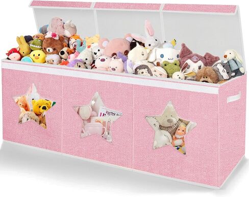 Toy Box for Girls,Extra Large Toy Storage Organizer Bins with Star Transparent Windows,Sturdy Handles and Mesh Bag, Foldable Storage Box for Nursery, Playroom, Bedroom(Pink) in Saudi Arabia