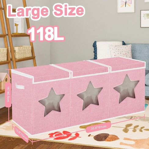 Toy Box for Girls,Extra Large Toy Storage Organizer Bins with Star Transparent Windows,Sturdy Handles and Mesh Bag, Foldable Storage Box for Nursery, Playroom, Bedroom(Pink) in Saudi Arabia