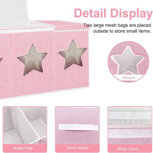 Toy Box for Girls,Extra Large Toy Storage Organizer Bins with Star Transparent Windows,Sturdy Handles and Mesh Bag, Foldable Storage Box for Nursery, Playroom, Bedroom(Pink) in Saudi Arabia