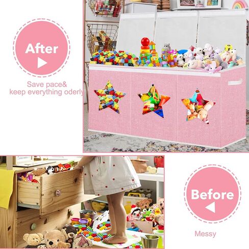 Toy Box for Girls,Extra Large Toy Storage Organizer Bins with Star Transparent Windows,Sturdy Handles and Mesh Bag, Foldable Storage Box for Nursery, Playroom, Bedroom(Pink) in Saudi Arabia