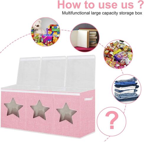 Toy Box for Girls,Extra Large Toy Storage Organizer Bins with Star Transparent Windows,Sturdy Handles and Mesh Bag, Foldable Storage Box for Nursery, Playroom, Bedroom(Pink) in Saudi Arabia