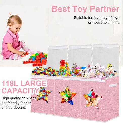 Toy Box for Girls,Extra Large Toy Storage Organizer Bins with Star Transparent Windows,Sturdy Handles and Mesh Bag, Foldable Storage Box for Nursery, Playroom, Bedroom(Pink) in Saudi Arabia