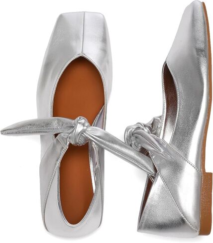 Silver Bow Ballet Flats Shoes for Women Bow Tie Slip On Mary Jane Flats Square Toe Casual Dress Ballerina Shoes in Saudi Arabia