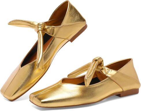 أحذية باليه مسطحة بفيونكة فضية للنساء وربطة عنق سهلة الارتداء من ماري جين مسطحة بمقدمة مربعة كاجوال أحذية راقصة الباليه in Kuwait