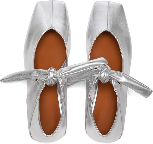 Silver Bow Ballet Flats Shoes for Women Bow Tie Slip On Mary Jane Flats Square Toe Casual Dress Ballerina Shoes in Saudi Arabia