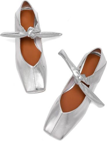 Silver Bow Ballet Flats Shoes for Women Bow Tie Slip On Mary Jane Flats Square Toe Casual Dress Ballerina Shoes in Saudi Arabia